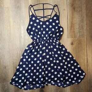 💙🤍Papaya Navy Blue & White Polka Dot Mini Dress w/Crisscross Back Straps-S
